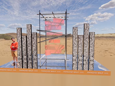 Outdoor Art Installation With Metal Frame Red Elements And Vertical Panels On Sandy Ground 3d model