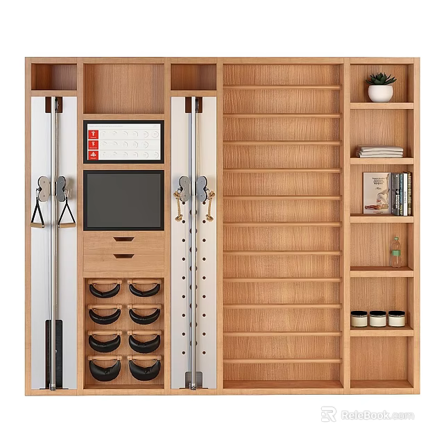 Wooden Decorative Cabinet Featuring Storage Compartments Drawers Hooks Display Shelves Plant Books And Jars 3d model 