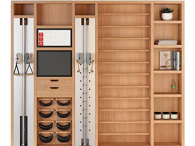 Wooden Decorative Cabinet Featuring Storage Compartments Drawers Hooks Display Shelves Plant Books And Jars 3d model
