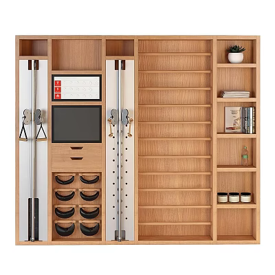 Wooden Decorative Cabinet Featuring Storage Compartments Drawers Hooks Display Shelves Plant Books And Jars 3d model