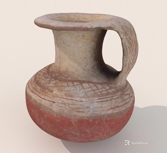Ancient Pottery Vase With Handle And Geometric Patterns On Red Base 3d model 