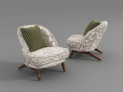 Two Stylish White Single Sofas With Fluffy Fabric Green Cushions And Wooden Legs 3d model