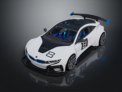 White BMW Sports Car With Black Roof Blue Accents Rear Spoiler And Illuminated Interior 3d model
