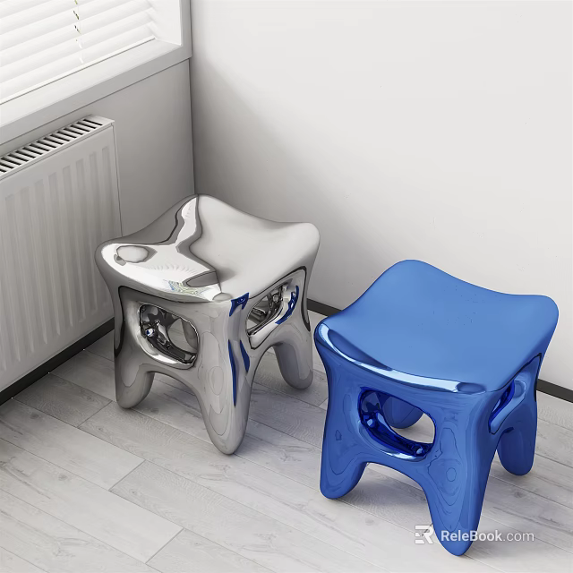 Shiny Modern Silver And Blue Stools In Indoor Corner With Light Floor 3d model 