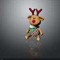 Stuffed Reindeer Toy with Red Antlers Red Nose Green Bow Plaid Bib on Dark Background