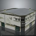 Two Story Building With Blue Roof Weathered Walls Green Doors Grid Windows On Market Street