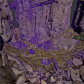Natural Rocky Scene With Tall Stone Pillars Scattered Rubble And Small Green Plants