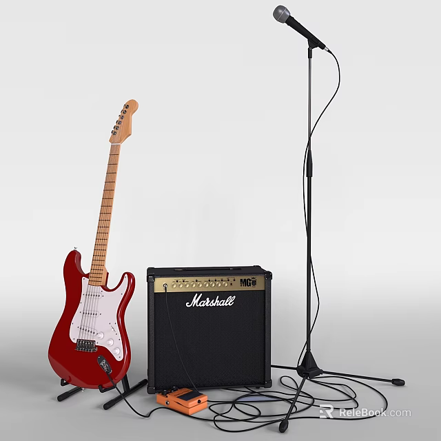 High Quality Red Electric Guitar With Marshall Amplifier And Microphone Stand 3d model