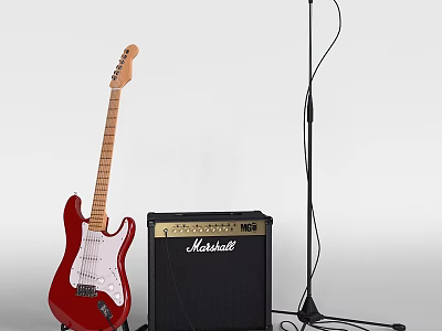 High Quality Red Electric Guitar With Marshall Amplifier And Microphone Stand 3d model