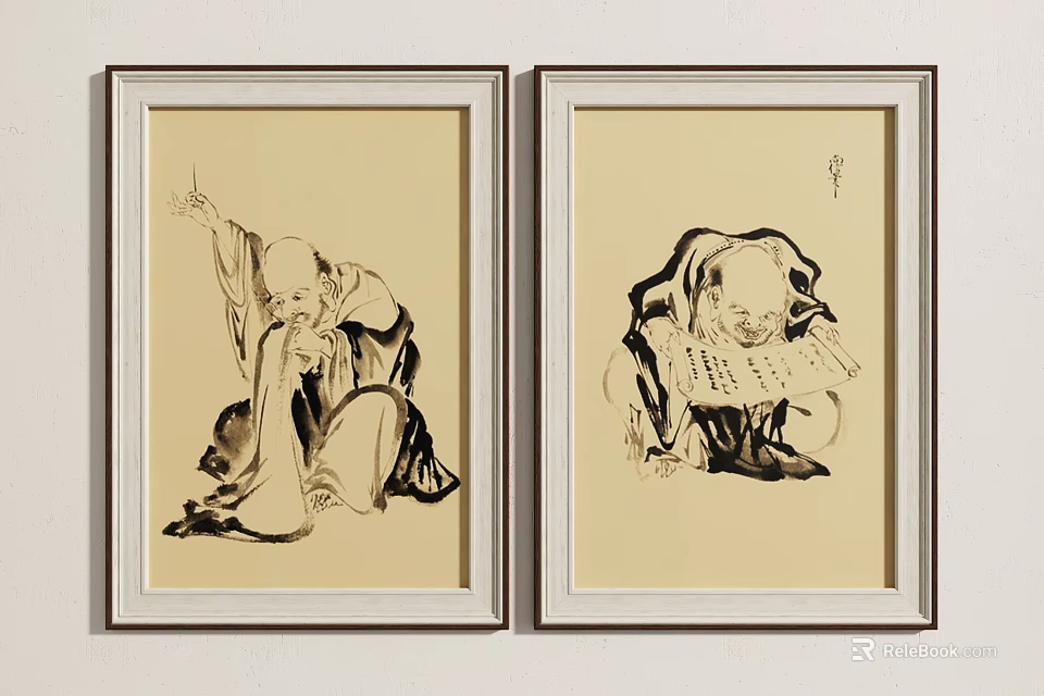 Traditional Chinese Ink Wash Figure Paintings Framed Two Classical Figures Artwork 3d model 