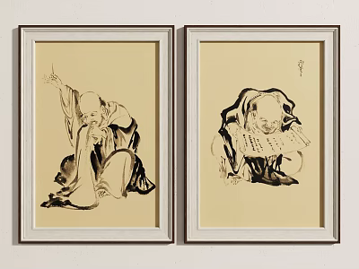 Traditional Chinese Ink Wash Figure Paintings Framed Two Classical Figures Artwork 3d model