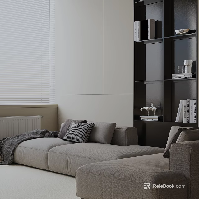 Modern Light Gray Three Seater Sofa With Plush Pillows And Black Bookshelf 3d model 