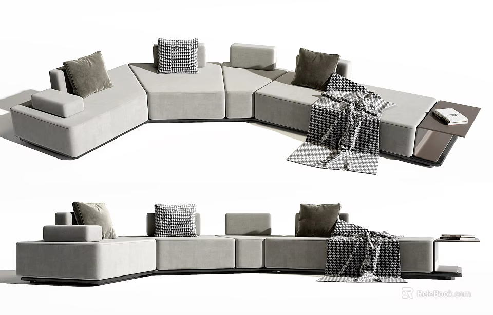 Light Gray Sectional Sofa With Plush Cushions Checkered Blanket And Modern Design 3d model
