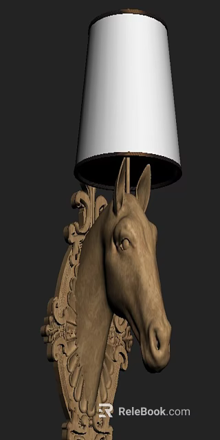 Unique Horse Head Shaped Wall Lamp With Carved Details And White Lampshade 3d model 
