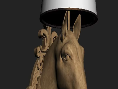 Unique Horse Head Shaped Wall Lamp With Carved Details And White Lampshade 3d model