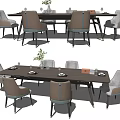 Modern Dining Table Set With Upholstered Beige Gray Chairs And Decorative Vase 3d model
