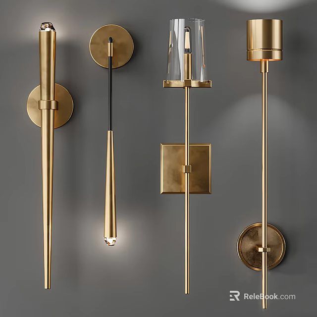 Modern Brass Wall Lamps With Long Rods Square Bases And Glass Shades On Gray Wall 3d model 