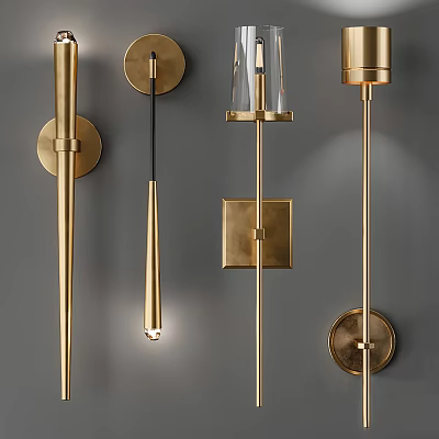 Modern Brass Wall Lamps With Long Rods Square Bases And Glass Shades On Gray Wall 3d model