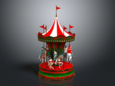 Colorful Carousel Amusement Ride With Red And White Striped Canopy Red Flags And Wooden Horses 3d model