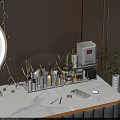 Perfume Cosmetics Organizer On Vanity Table With Skincare Bottles And Makeup Brushes