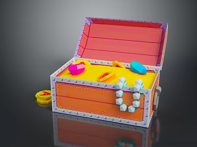 Open Orange Treasure Chest with Pink Blue Gems Yellow Coins and Beaded Necklace 3d model