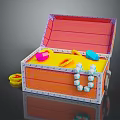 Open Orange Treasure Chest with Pink Blue Gems Yellow Coins and Beaded Necklace