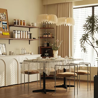 French Home Restaurant Dining Table and Chair Combination Chandelier Sideboard 3d model