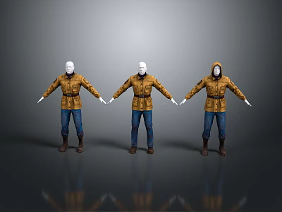 Game Film Characters 3D Models With Yellow Jackets Blue Jeans Brown Boots In Three Poses 3d model