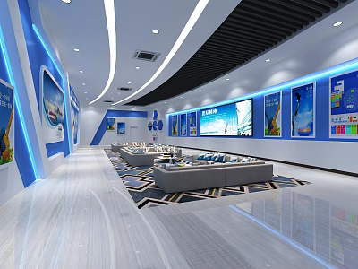 Modern Exhibition Hall Interior With Blue Walls Display Screens And Comfortable Sofas 3d model