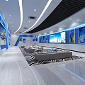 Modern Exhibition Hall Interior With Blue Walls Display Screens And Comfortable Sofas 3d model