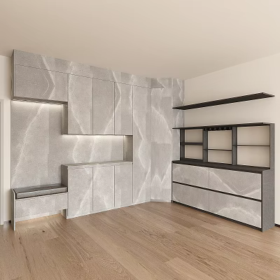 Modern Grey Marble Shoe Cabinet with Built-in Illuminated Open Shelf Small Bench Black Frame Shelf 3d model