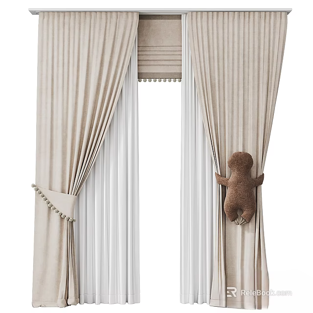 Beige Curtains With Tassel Tiebacks And Brown Teddy Bear Hanging By White Vertical Blinds 3d model 