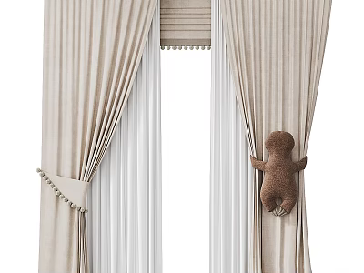 Beige Curtains With Tassel Tiebacks And Brown Teddy Bear Hanging By White Vertical Blinds 3d model
