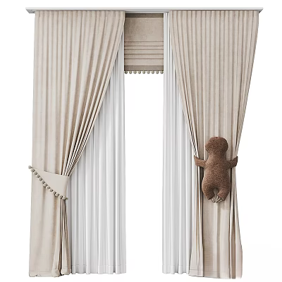 Beige Curtains With Tassel Tiebacks And Brown Teddy Bear Hanging By White Vertical Blinds 3d model