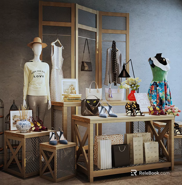 Wooden Display Shelves Showcasing Clothing Bags Shoes And Decorations 3d model 