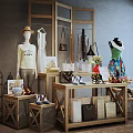 Wooden Display Shelves Showcasing Clothing Bags Shoes And Decorations