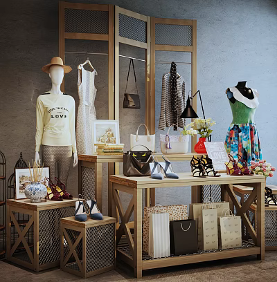 Wooden Display Shelves Showcasing Clothing Bags Shoes And Decorations 3d model
