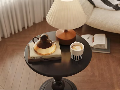 Black Coffee Table With Teapot Book Coffee Cup And Table Lamp Near Beige Sofa 3d model