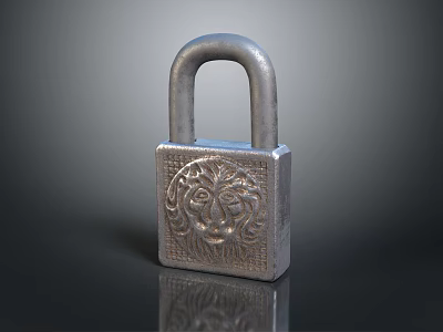 Silver Metal Padlock With Intricate Lion Head Engraving And Dark Background Reflection 3d model