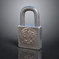 Silver Metal Padlock With Intricate Lion Head Engraving And Dark Background Reflection