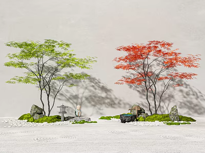 Natural Tree Planter With Green And Red Trees Stones Moss And White Pebbles 3d model