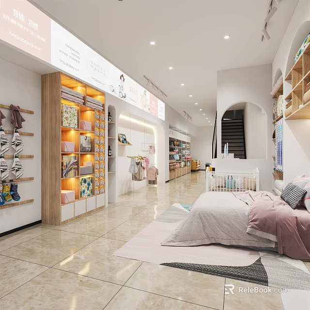 Specialty Store Interior With Shelves Display Items Bed And Decorative Lighting 3d model