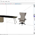 Modern Office Desk With Black Tabletop Gray Striped Chair Wooden Cabinet And Metal Legs