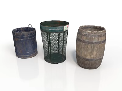 Blue Wooden Bucket Green Mesh Trash Can And Brown Wooden Barrel In Kitchen Scene 3d model