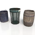 Blue Wooden Bucket Green Mesh Trash Can And Brown Wooden Barrel In Kitchen Scene
