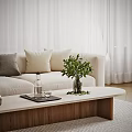 Modern Minimalist Sofa And Coffee Table Set With Beige Cushions Floor Lamp And Curtains