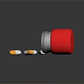 Red Pill Bottle Spilled Orange And White Capsules On Dark Surface 3d model