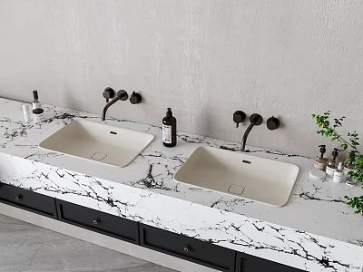 Elegant Modern Bathroom Vanity With Double Washbasins Marble Countertop Faucets Toiletries And Textured Wall 3d model