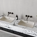 Elegant Modern Bathroom Vanity With Double Washbasins Marble Countertop Faucets Toiletries And Textured Wall