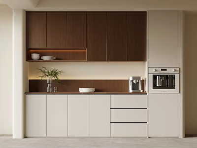 Elegant Modern Wine Cabinet Design With Wooden Upper Storage Light Cabinets And Coffee Machine 3d model